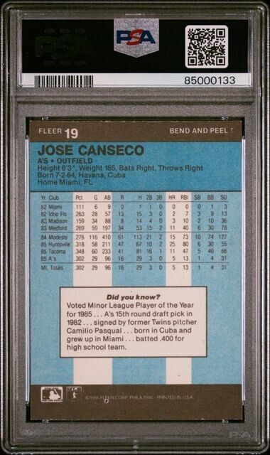 JOSE CANSECO 1986 Fleer Star Stickers #19 Oakland Athletics Rookie RC PSA 5 EX