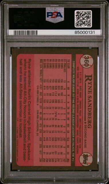 1989 TOPPS Baseball #360 Ryne Sandberg Chicago Cubs Centered PSA Graded 7