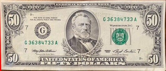 1993 $50 FIFTY DOLLAR BILL IN GOOD CONDITION - Heavy Stamp/Bleed Thru Error