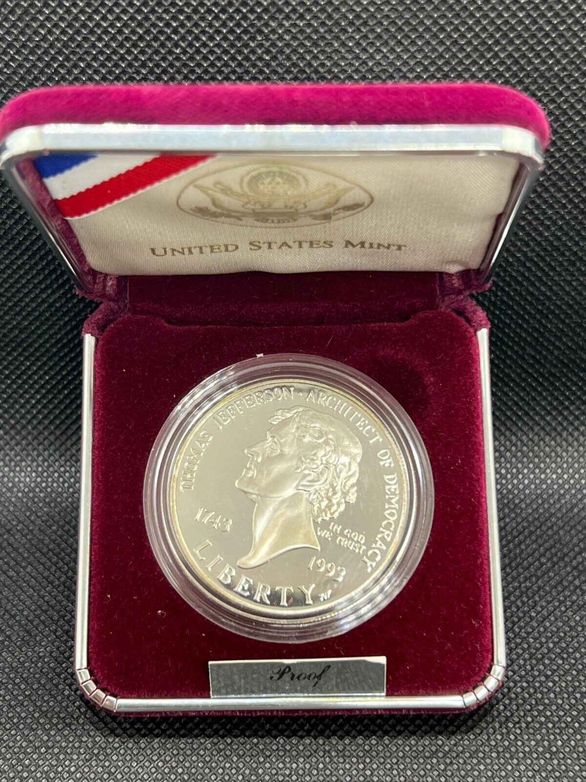 1993 S Thomas Jefferson 250th PROOF Silver Dollar Commemorative $1 Coin Box COA